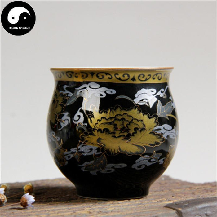 Double Wall Ceramic Tea Cups 70ml*4pcs, Black Gold Peony