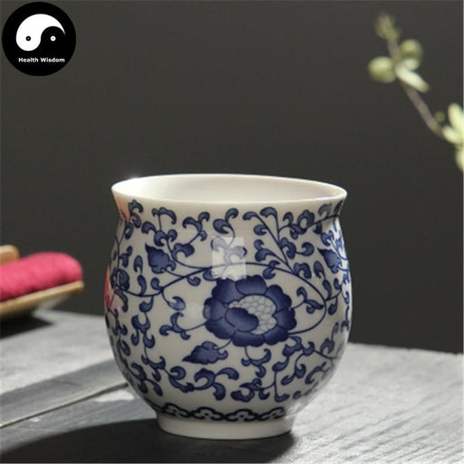 Double Wall Ceramic Tea Cups 70ml*4pcs, Blue Lotus Scroll