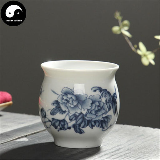 Double Wall Ceramic Tea Cups 70ml*4pcs, Freehand Blue Peony