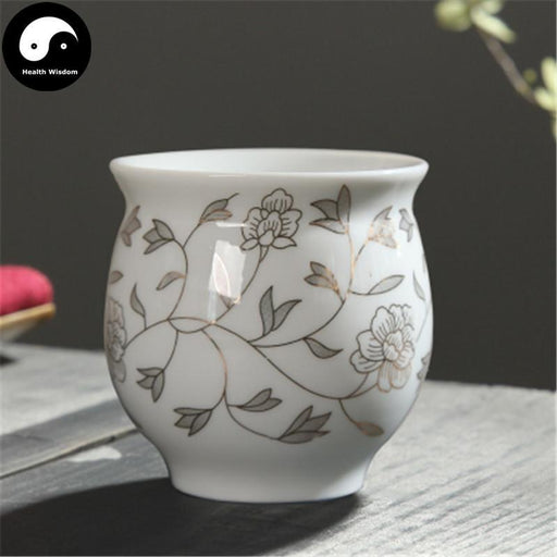 Double Wall Ceramic Tea Cups 70ml*4pcs, Gold-Line Peony