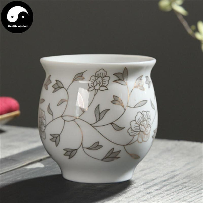 Double Wall Ceramic Tea Cups 70ml*4pcs, Gold-Line Peony