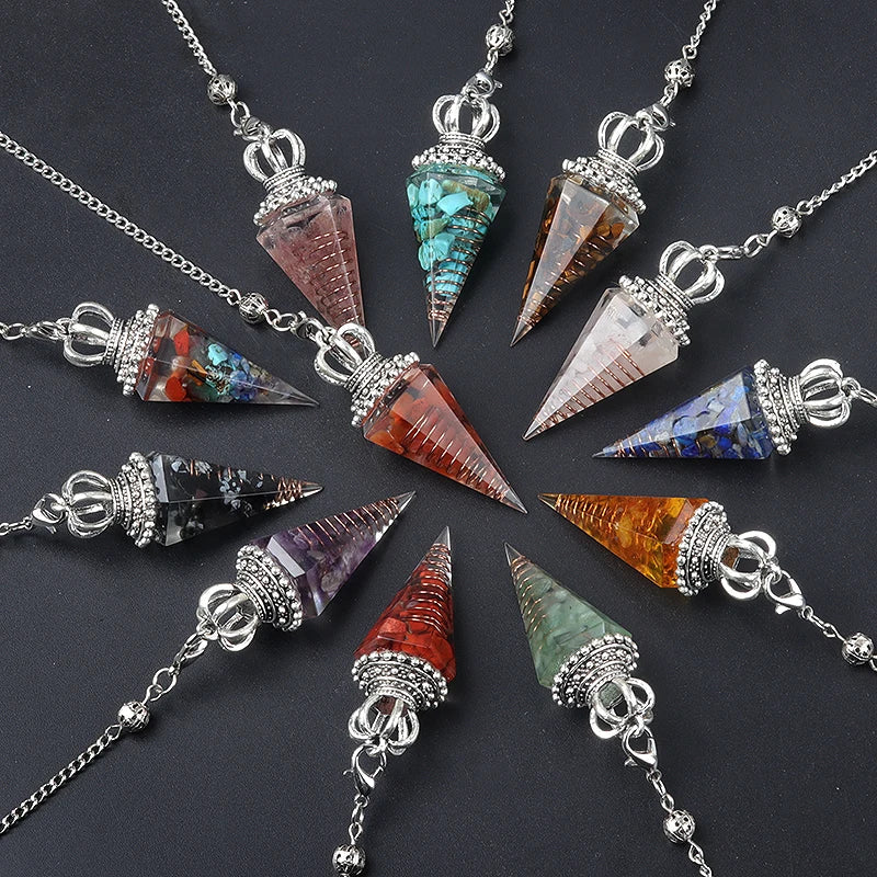 Energy Healing Chakra Orgone Pendulum for Dowsing Divination Pointed Natural Orgonite Chips Crystal Stone Pendant Yoga Meditation Pendulo-Health Wisdom™