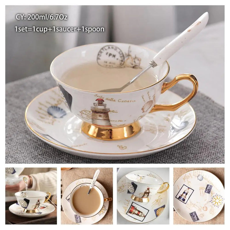 Europe Bone China Coffee Cup Saucer Spoon Set 200ml Luxury Ceramic Mug Top-grade Porcelain Tea Cup Cafe Teaware Party Drinkware-Health Wisdom™