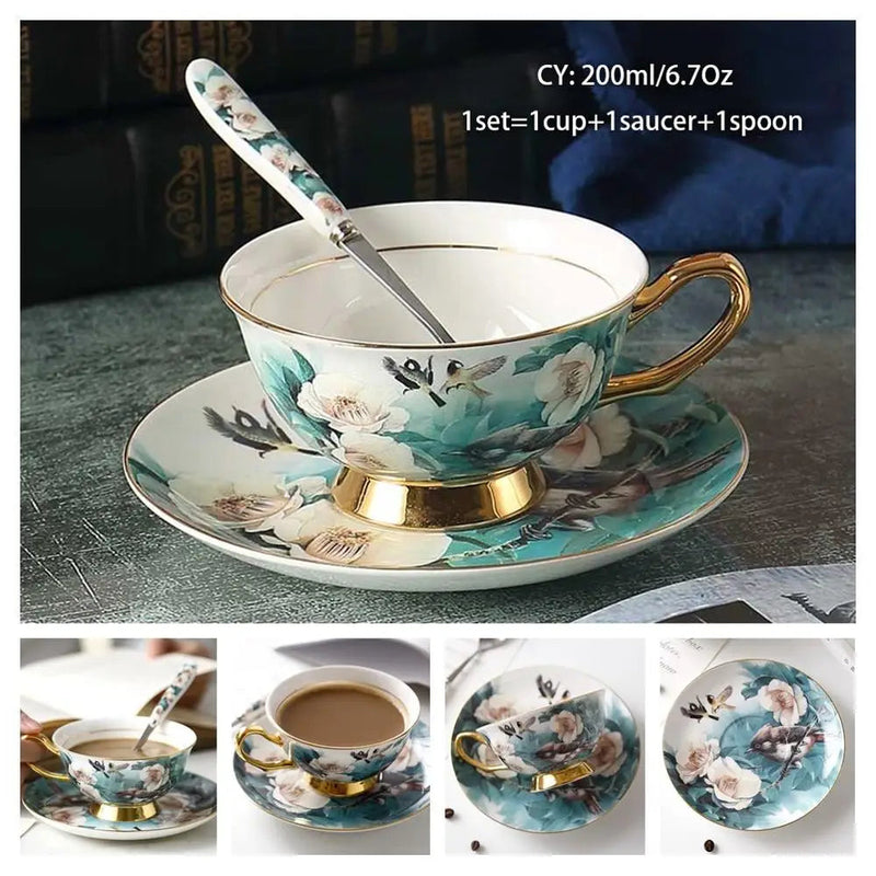 Europe Bone China Coffee Cup Saucer Spoon Set 200ml Luxury Ceramic Mug Top-grade Porcelain Tea Cup Cafe Teaware Party Drinkware-Health Wisdom™