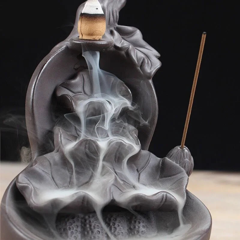 Free Gourd and Lotu Waterfall Incense Burner Incense Stick Holder Censer Purple Clay Aroma Smoke Backflow Home Decor -No Incense-Health Wisdom™