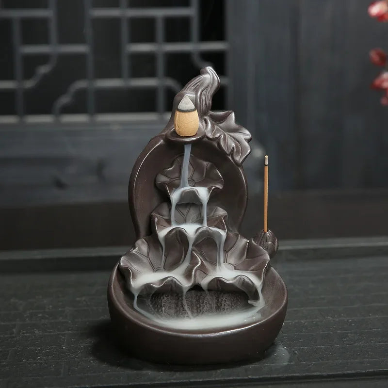 Free Gourd and Lotu Waterfall Incense Burner Incense Stick Holder Censer Purple Clay Aroma Smoke Backflow Home Decor -No Incense-Health Wisdom™