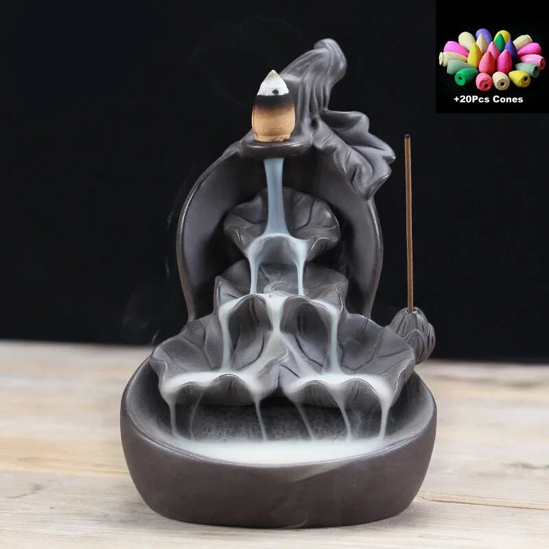 Free Gourd and Lotu Waterfall Incense Burner Incense Stick Holder Censer Purple Clay Aroma Smoke Backflow Home Decor -No Incense-Health Wisdom™