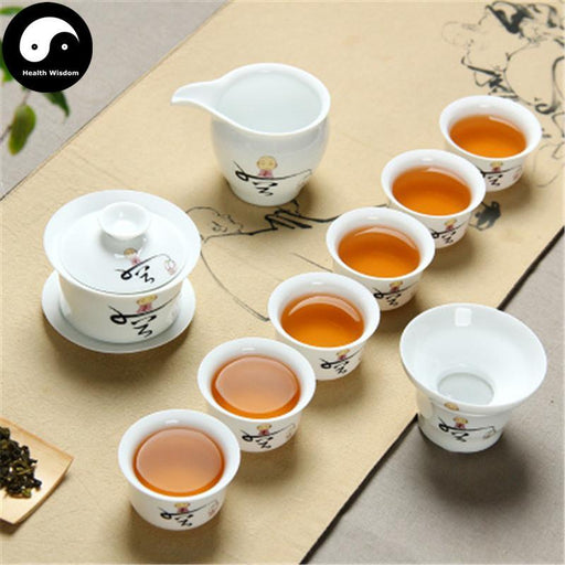 Full Gongfu Gaiwan Tea Set, White Porcelain, 空 Emptiness Monk Design, 6 Cups