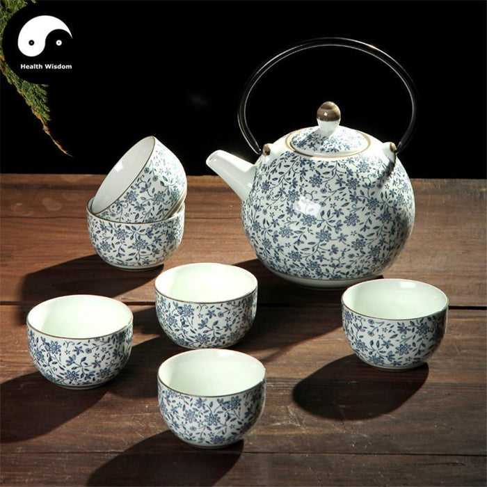 Full Kungfu Teapot Set With Mental Infuser+6 Cups, Blue Floral