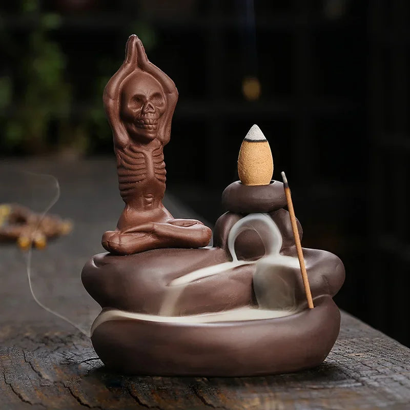 Halloween Ornament Skull Backflow Incense Burner Purple Clay Incense Stick Holder, Aromatherapy Home Decor Censer (No Incense)-Health Wisdom™