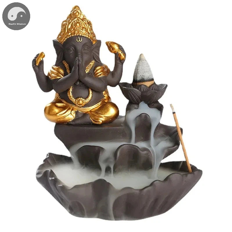 Handicrafts Lucky Ganesha Elephant Waterfall Backflow Incense Burner Home Decor Incense Stick Holder Lotus Censer (No Incense)-Health Wisdom™