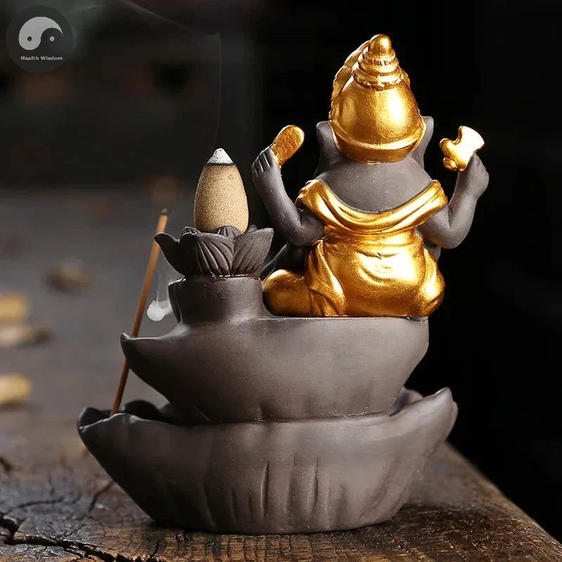 Handicrafts Lucky Ganesha Elephant Waterfall Backflow Incense Burner Home Decor Incense Stick Holder Lotus Censer (No Incense)-Health Wisdom™