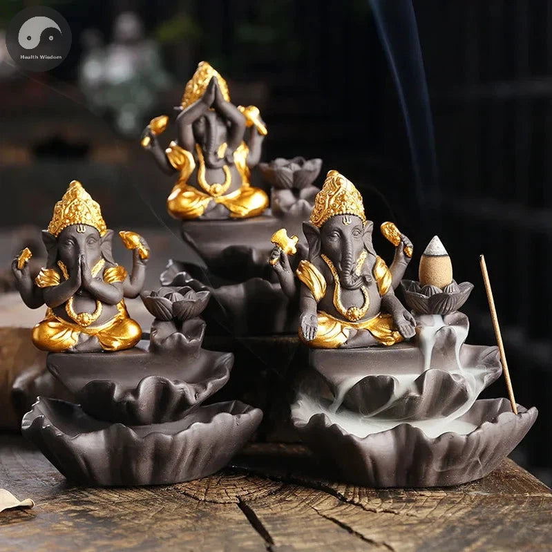Handicrafts Lucky Ganesha Elephant Waterfall Backflow Incense Burner Home Decor Incense Stick Holder Lotus Censer (No Incense)-Health Wisdom™