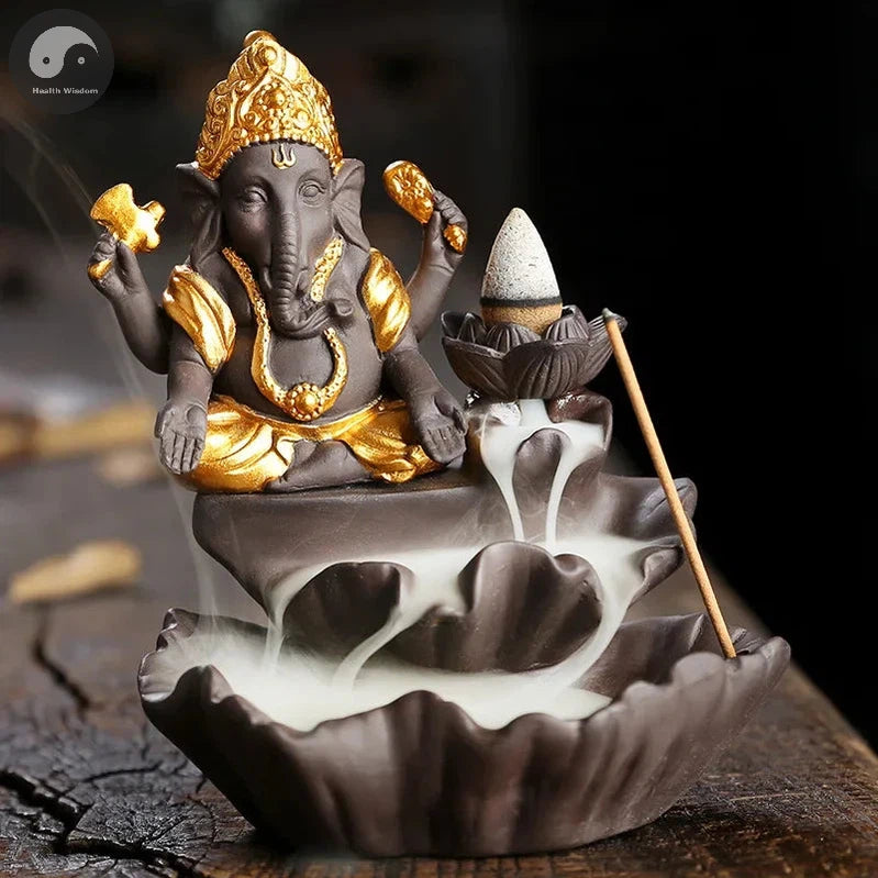 Handicrafts Lucky Ganesha Elephant Waterfall Backflow Incense Burner Home Decor Incense Stick Holder Lotus Censer (No Incense)-Health Wisdom™