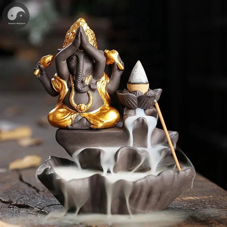 Handicrafts Lucky Ganesha Elephant Waterfall Backflow Incense Burner Home Decor Incense Stick Holder Lotus Censer (No Incense)-Health Wisdom™
