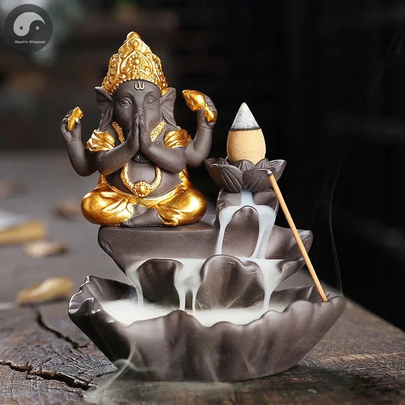 Handicrafts Lucky Ganesha Elephant Waterfall Backflow Incense Burner Home Decor Incense Stick Holder Lotus Censer (No Incense)-Health Wisdom™