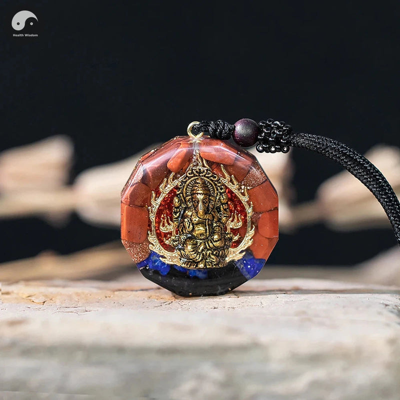 Handmade Ganesha Pendant Orgone Necklace For Men And Women Protection And Healing Crystal Orgonite Chakra Pendant With Adjustable Rope-Health Wisdom™