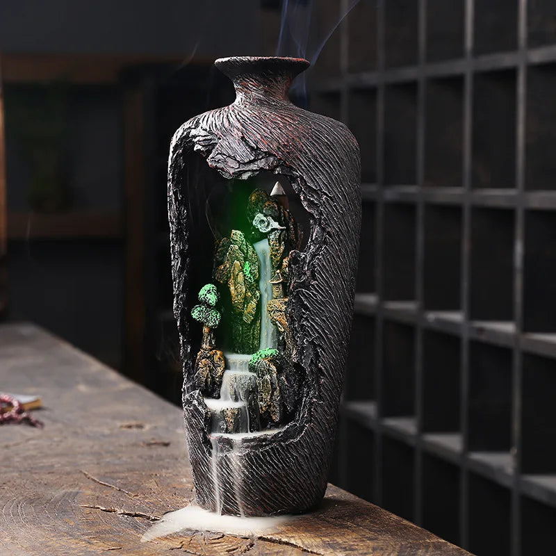 Home Decor Vase Design Ornament Resin Handiwork Lucky Fengshui Waterfall Backflow Incense Burner Censer-Health Wisdom™
