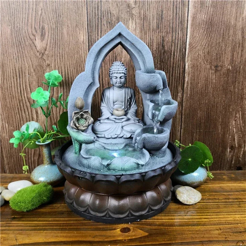 Indoor Air Humidifie Waterfall Fountain Office Tabletop Relaxation Fountain View with LED Light Lucky Feng Shui Buddha Statue-Health Wisdom™