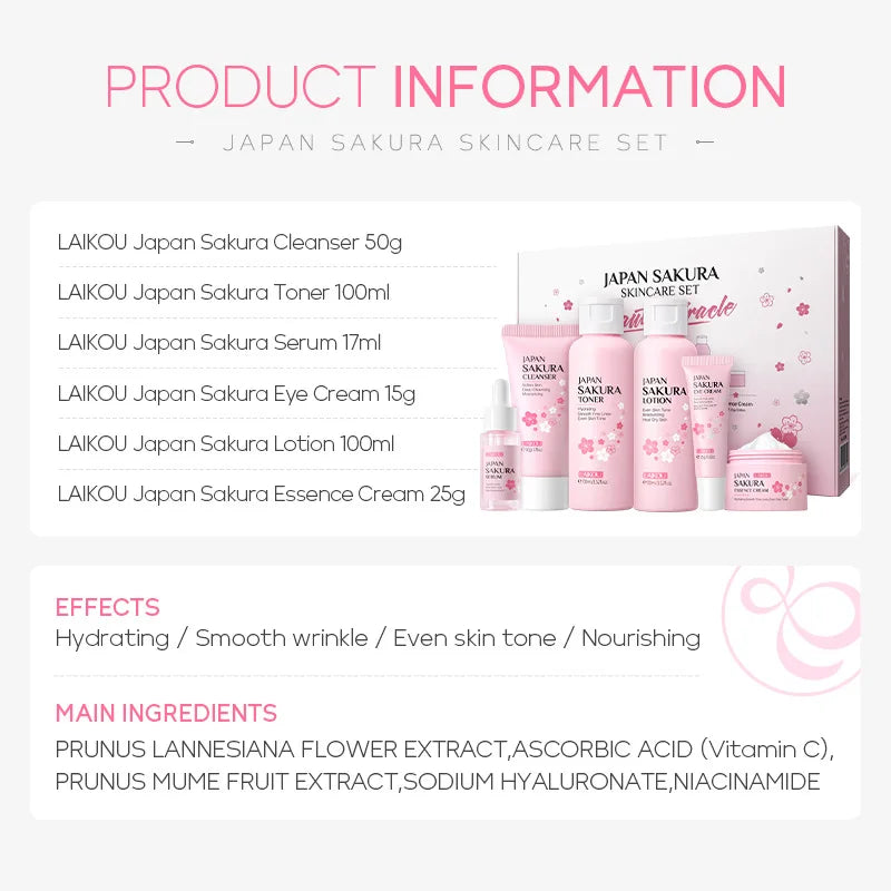 LAIKOU Sakura Skin Care Sets Facial Cleanser Eye Creams Face Cream Serum Lotion Toner Moisturizing Anti-Aging Face Care Kit-Health Wisdom™