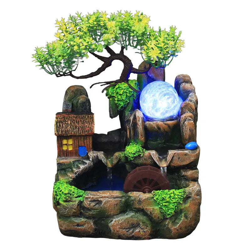 Led Lights Resin Rockery Flowing Water Fountain Lucky Feng Shui Wheel Office Desktop Ornaments With Nebulizer Home Decoration-Health Wisdom™