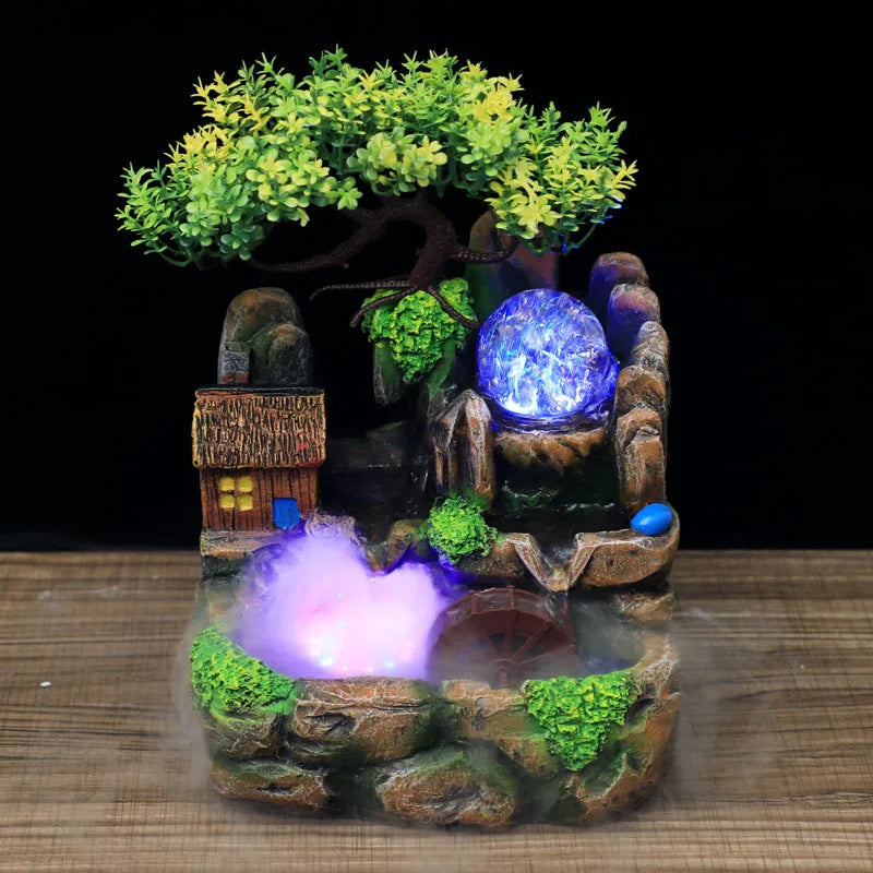 Led Lights Resin Rockery Flowing Water Fountain Lucky Feng Shui Wheel Office Desktop Ornaments With Nebulizer Home Decoration-Health Wisdom™