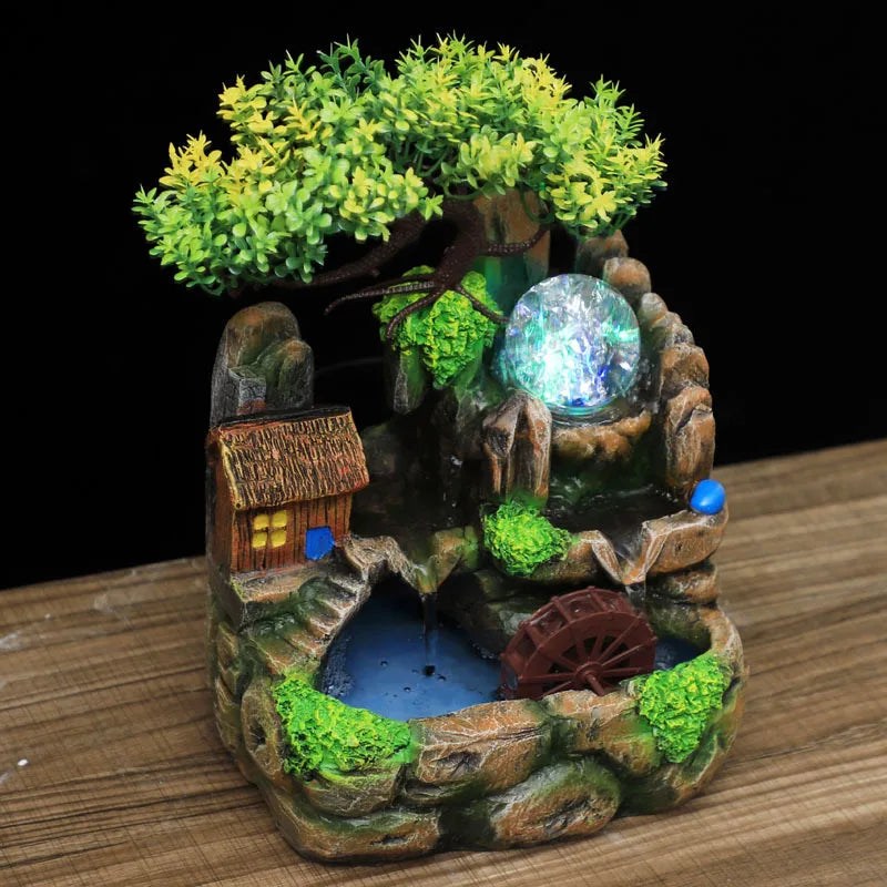 Led Lights Resin Rockery Flowing Water Fountain Lucky Feng Shui Wheel Office Desktop Ornaments With Nebulizer Home Decoration-Health Wisdom™