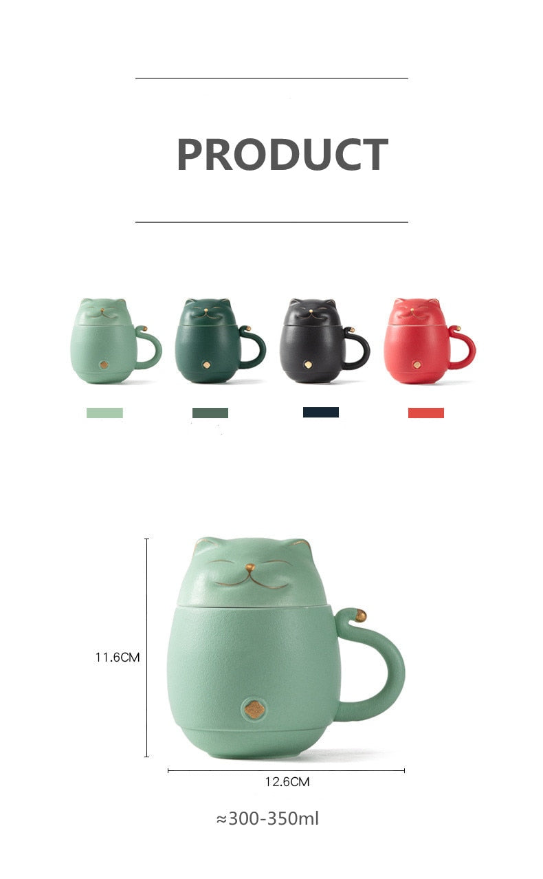 Lucky Cat Mug Tea Mug Creative Ceramic Cup With Cover Filter Office Water Cup Tea Separation Tea Cup-Health Wisdom™