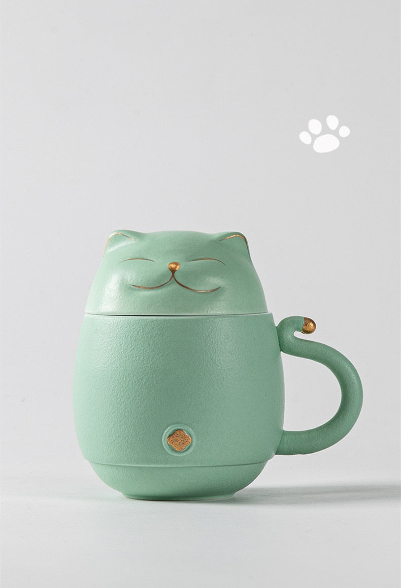 Lucky Cat Mug Tea Mug Creative Ceramic Cup With Cover Filter Office Water Cup Tea Separation Tea Cup-Health Wisdom™