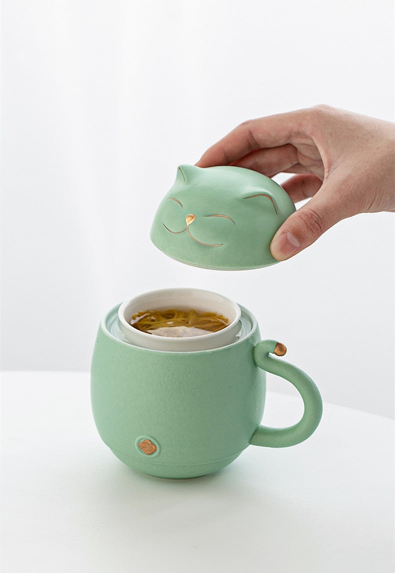 Lucky Cat Mug Tea Mug Creative Ceramic Cup With Cover Filter Office Water Cup Tea Separation Tea Cup-Health Wisdom™