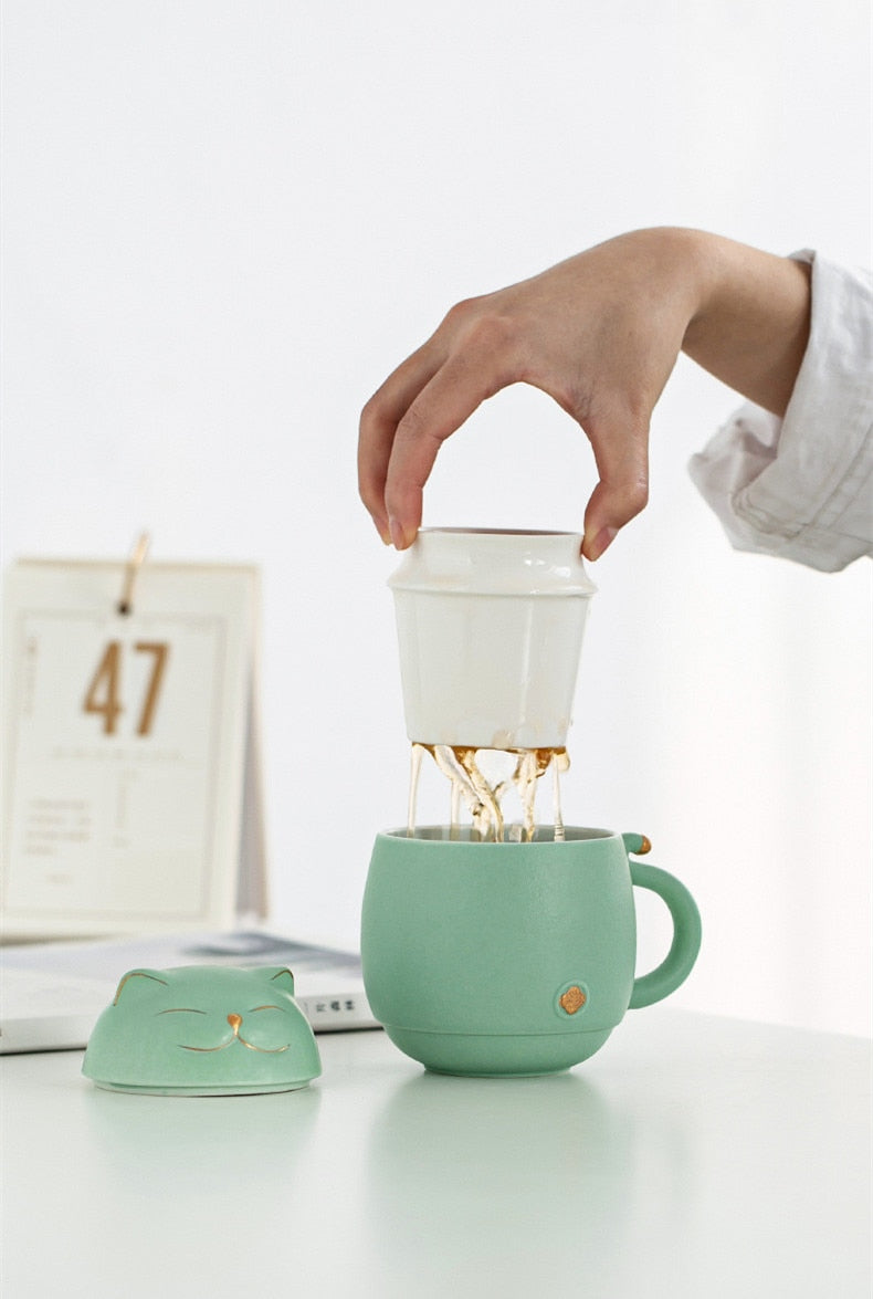 Lucky Cat Mug Tea Mug Creative Ceramic Cup With Cover Filter Office Water Cup Tea Separation Tea Cup-Health Wisdom™