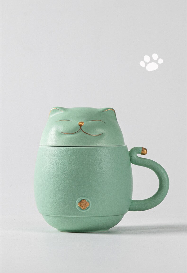 Lucky Cat Mug Tea Mug Creative Ceramic Cup With Cover Filter Office Water Cup Tea Separation Tea Cup-Health Wisdom™