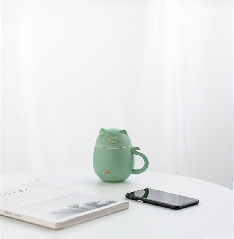 Lucky Cat Mug Tea Mug Creative Ceramic Cup With Cover Filter Office Water Cup Tea Separation Tea Cup-Health Wisdom™
