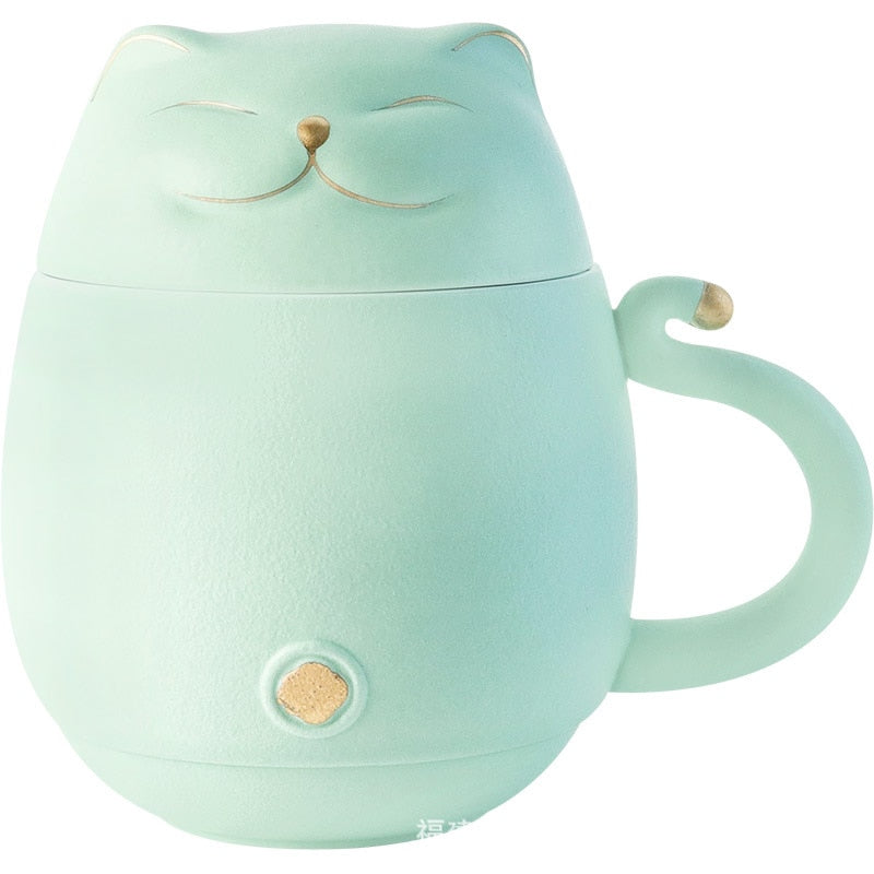 Lucky Cat Mug Tea Mug Creative Ceramic Cup With Cover Filter Office Water Cup Tea Separation Tea Cup-Health Wisdom™