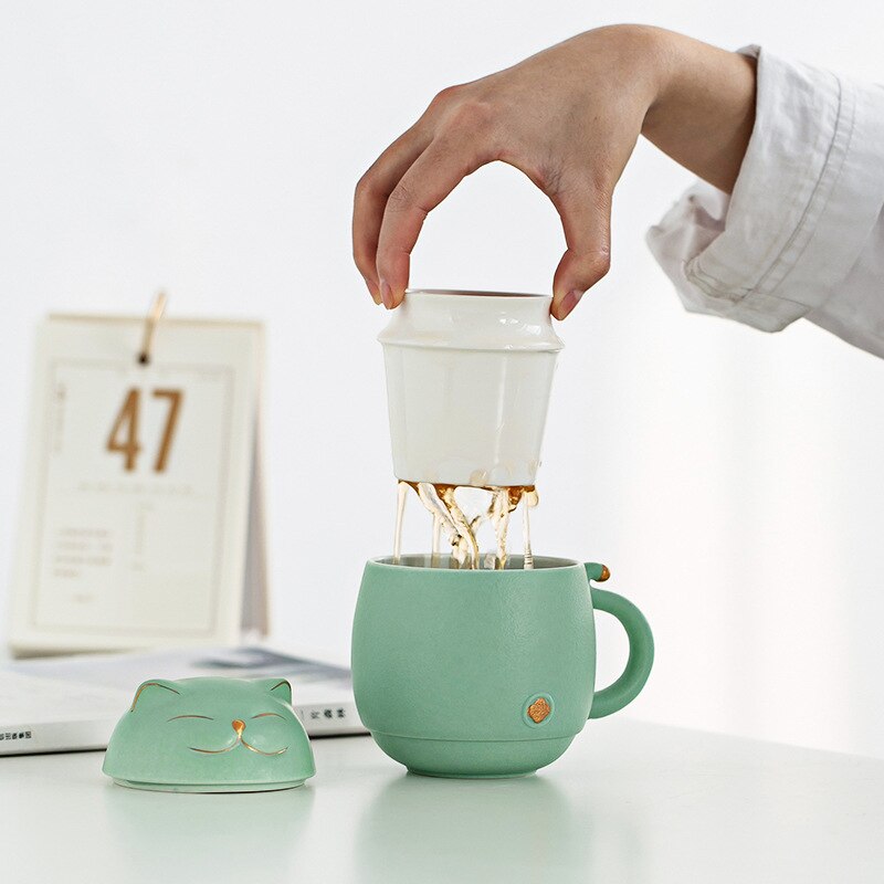 Lucky Cat Mug Tea Mug Creative Ceramic Cup With Cover Filter Office Water Cup Tea Separation Tea Cup-Health Wisdom™