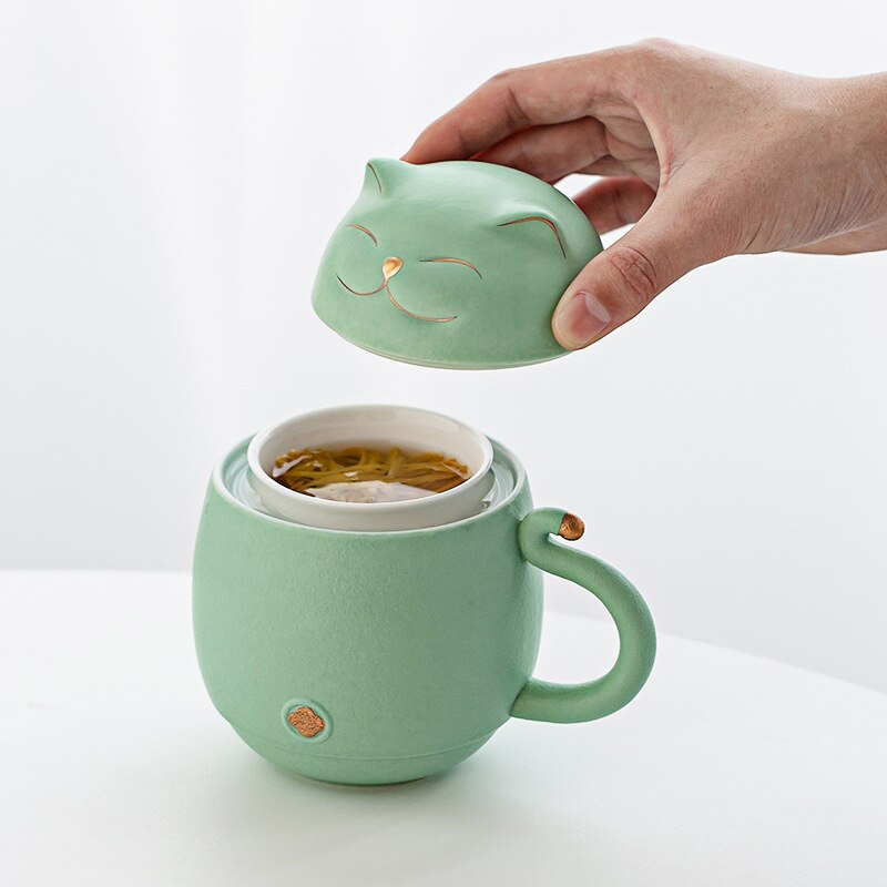 Lucky Cat Mug Tea Mug Creative Ceramic Cup With Cover Filter Office Water Cup Tea Separation Tea Cup-Health Wisdom™