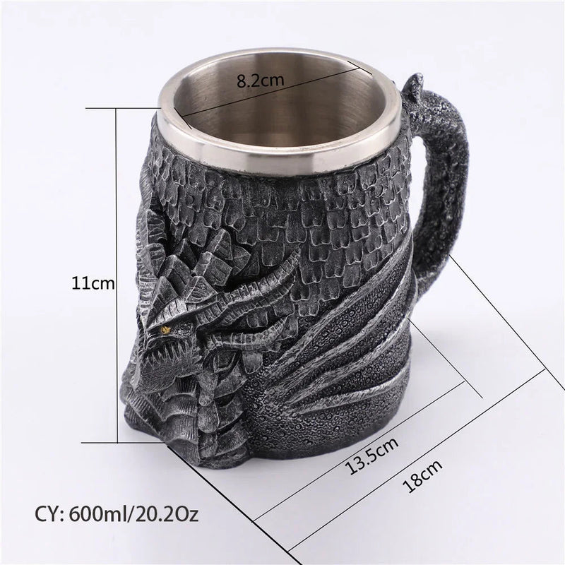 Medieval Dragon Resin Stainless Steel Beer Mug 600ml Retro Tankard Skull Coffee Cup Tea Mug Tumbler Pub Bar Decor-Health Wisdom™