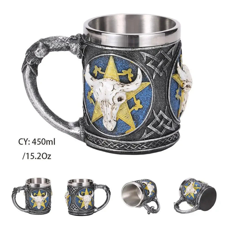 Medieval Dragon Resin Stainless Steel Beer Mug 600ml Retro Tankard Skull Coffee Cup Tea Mug Tumbler Pub Bar Decor-Health Wisdom™