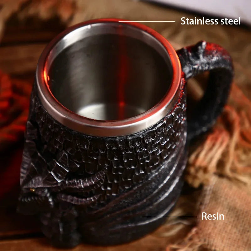 Medieval Dragon Resin Stainless Steel Beer Mug 600ml Retro Tankard Skull Coffee Cup Tea Mug Tumbler Pub Bar Decor-Health Wisdom™