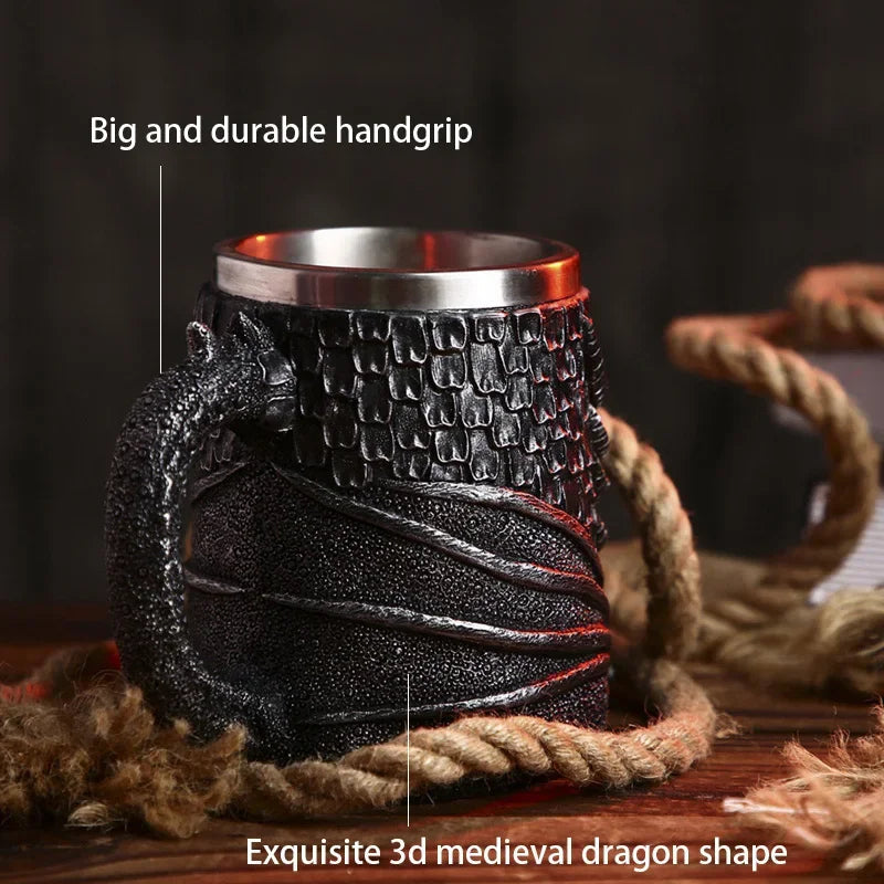 Medieval Dragon Resin Stainless Steel Beer Mug 600ml Retro Tankard Skull Coffee Cup Tea Mug Tumbler Pub Bar Decor-Health Wisdom™
