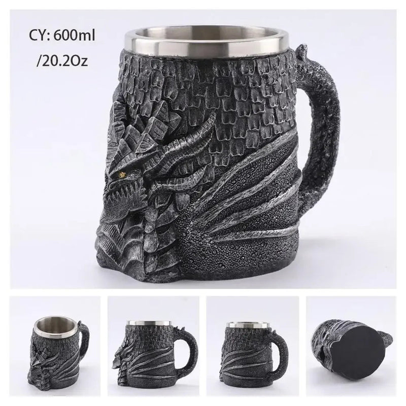 Medieval Dragon Resin Stainless Steel Beer Mug 600ml Retro Tankard Skull Coffee Cup Tea Mug Tumbler Pub Bar Decor-Health Wisdom™