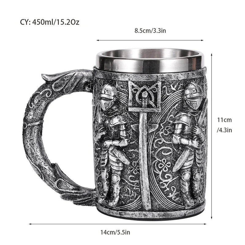 Medieval Warrior Resin Stainless Steel Beer Mug Knight Stein Retro Tankard Creative Coffee Cup Viking Tea Mug Pub Bar Decoration-Health Wisdom™