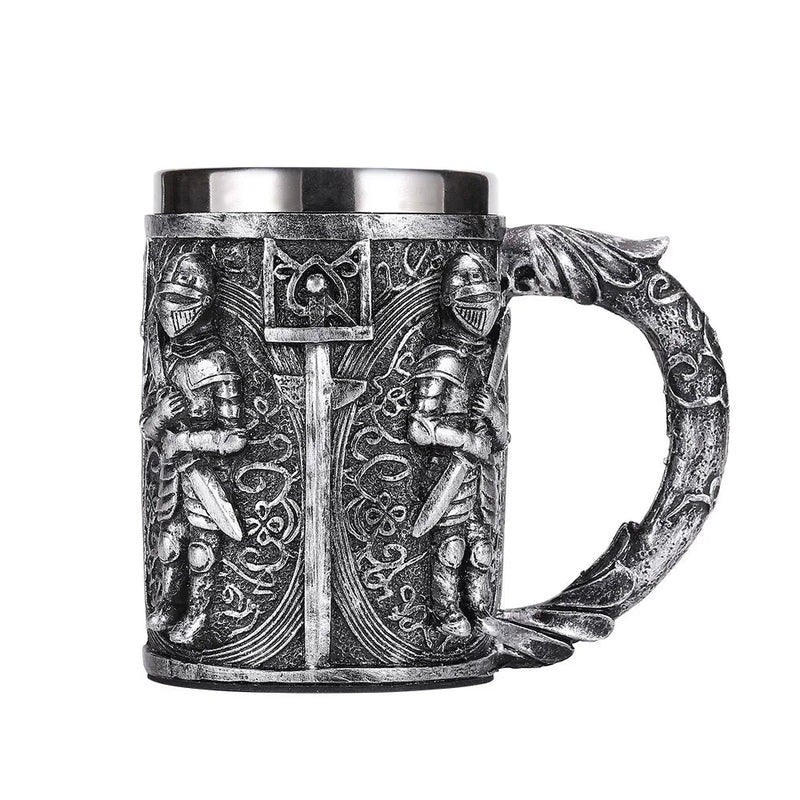 Medieval Warrior Resin Stainless Steel Beer Mug Knight Stein Retro Tankard Creative Coffee Cup Viking Tea Mug Pub Bar Decoration-Health Wisdom™