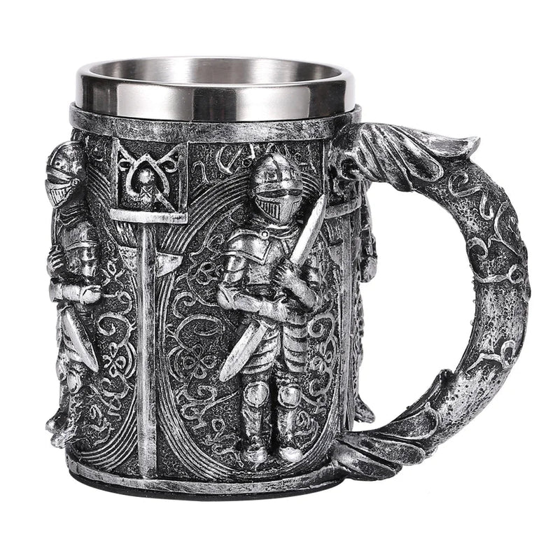 Medieval Warrior Resin Stainless Steel Beer Mug Knight Stein Retro Tankard Creative Coffee Cup Viking Tea Mug Pub Bar Decoration-Health Wisdom™