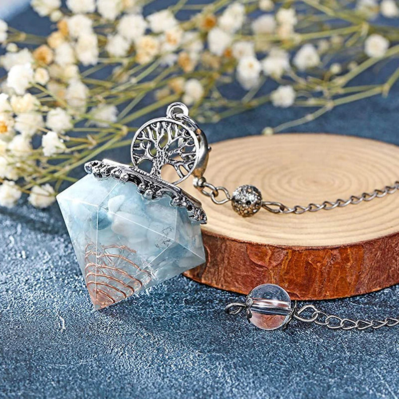 Orgone Aquamarine Crystal Pendulum Reiki Natural Orgonite Stone Pendant Tree of Life Pendulum for Dowsing Scrying Divination Pendulo X029-Health Wisdom™