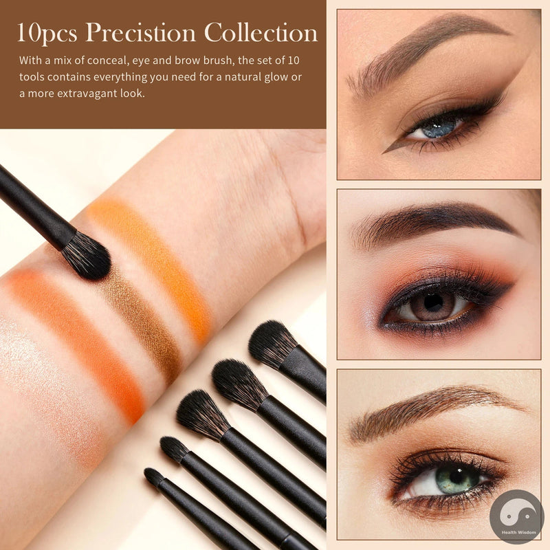 Perfect Eyeshadow Brushes Set 10pcs Eye Brush Shadow Blending Flat Liner Crease Duo-end Brow Spoolie Broach, Elegant Black T337-Health Wisdom™