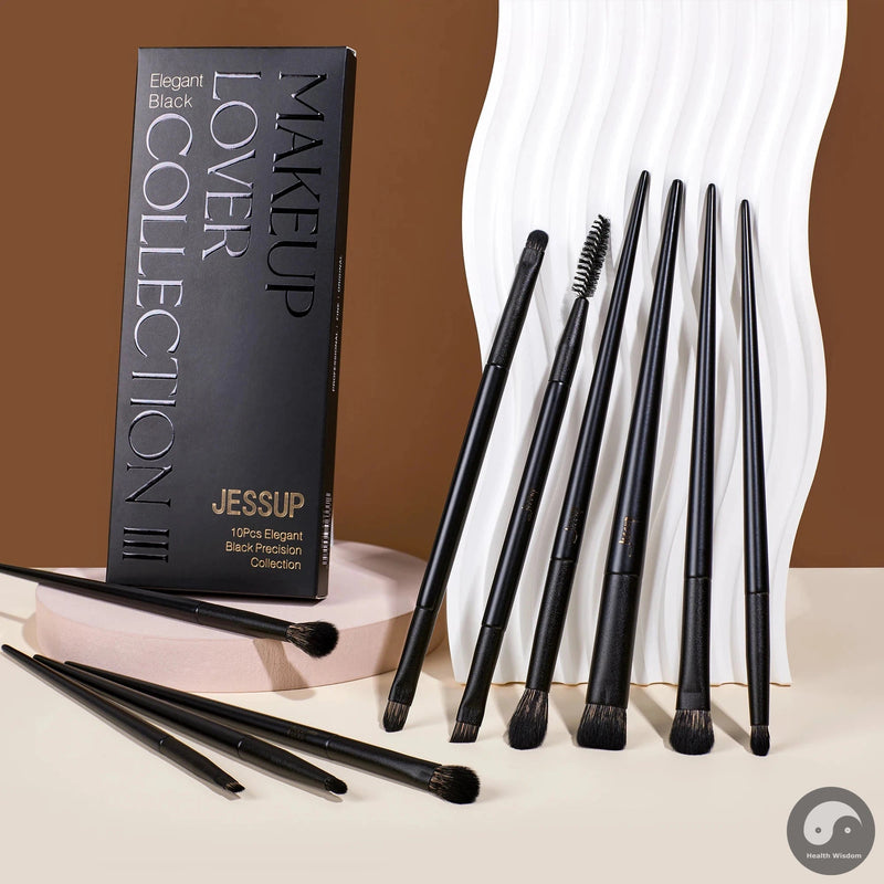 Perfect Eyeshadow Brushes Set 10pcs Eye Brush Shadow Blending Flat Liner Crease Duo-end Brow Spoolie Broach, Elegant Black T337-Health Wisdom™