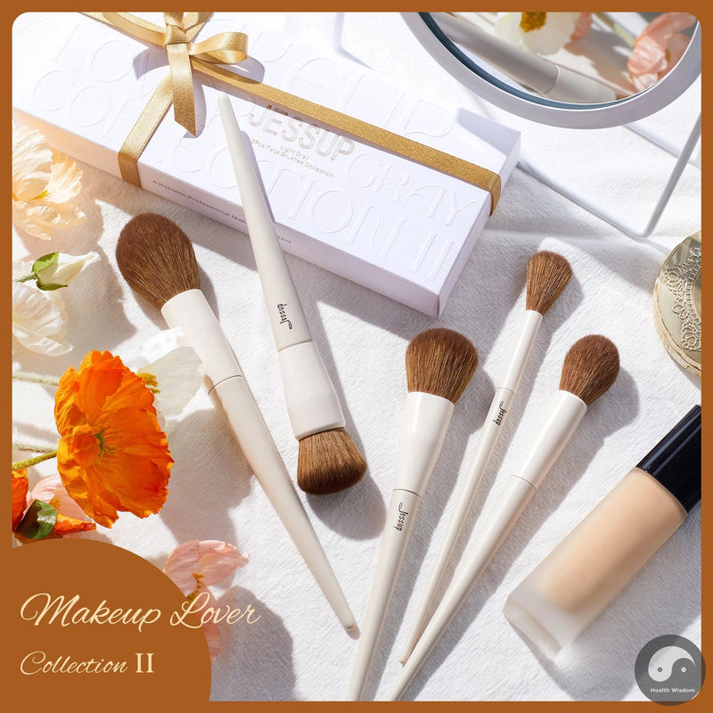 Perfect Face Brushes set 5Pcs Makeup Brushes Vegan Foundation Blush Bronzer Brush Contour Fluffy Setting Powder, Light Grey T493-Health Wisdom™