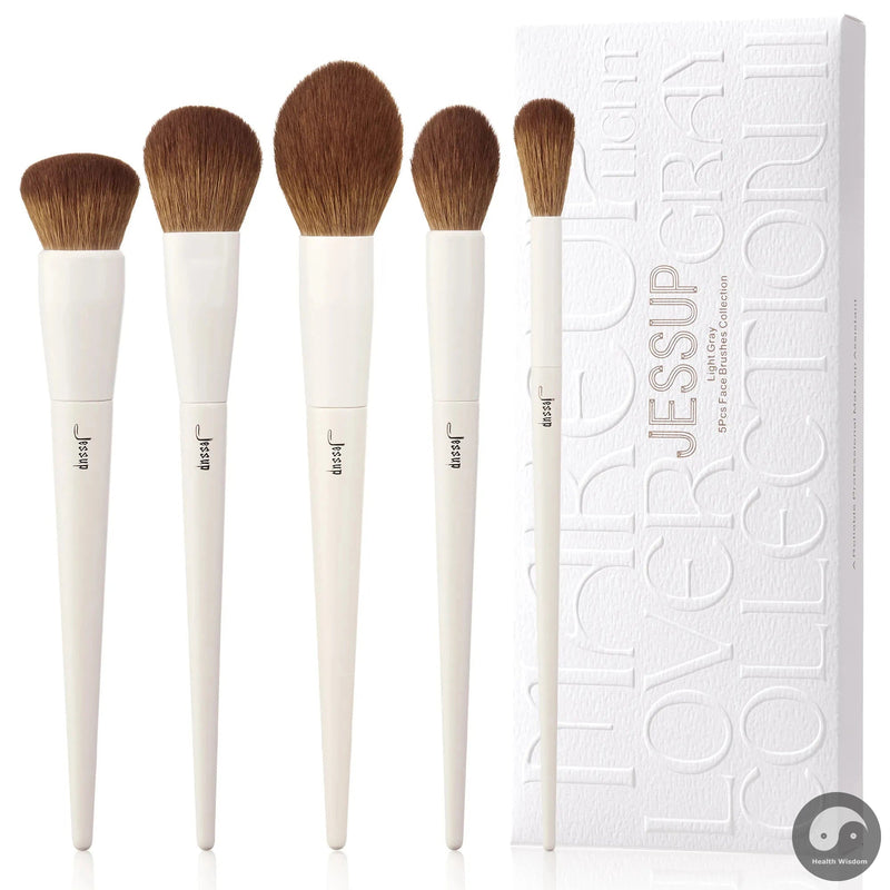 Perfect Face Brushes set 5Pcs Makeup Brushes Vegan Foundation Blush Bronzer Brush Contour Fluffy Setting Powder, Light Grey T493-Health Wisdom™