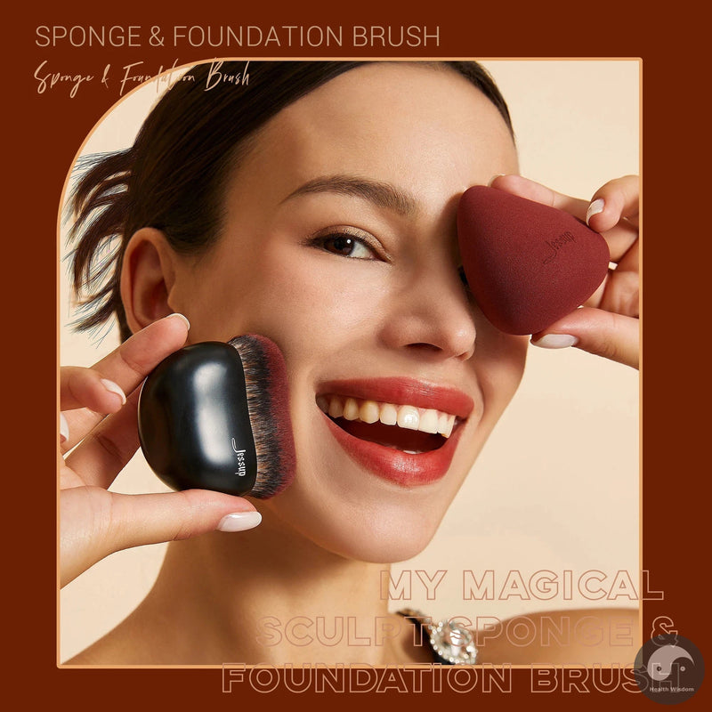 Perfect Foundation Brush with Makeup Sponge, Black Makeup Brush Flat Top Kabuki Brush for Liquid Blending Stippling, T881-Health Wisdom™